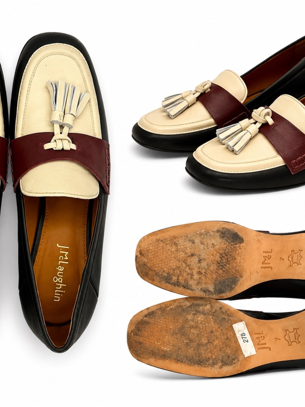 J. McLaughlin Two-Tone Tassel Loafers in Cream, Burgundy & Black